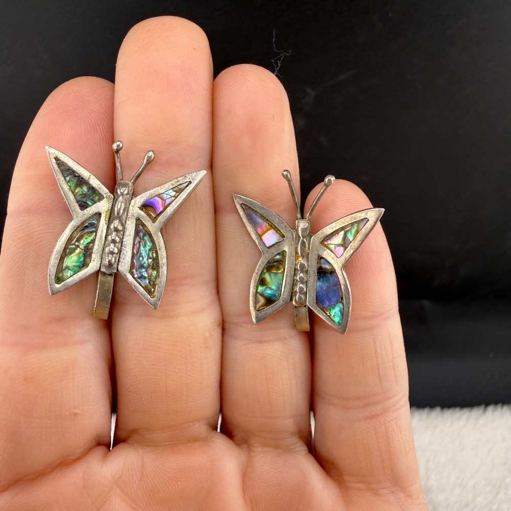 Vintage Estate Butterfly Earrings Silver Abalone Inlay Screw Back Mexico 4.7g